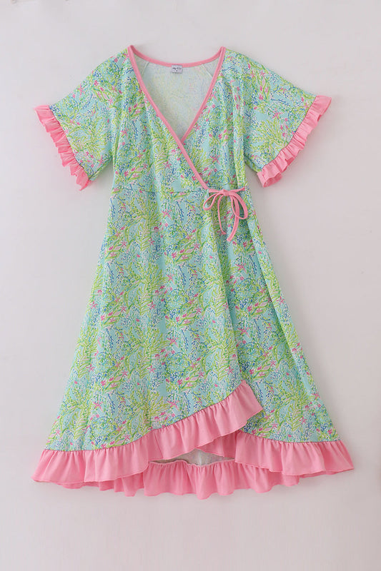 Women’s Pastel Garden Wrap Dress with Pink Ruffle Trim
