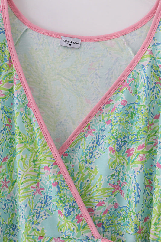 Women’s Pastel Garden Wrap Dress with Pink Ruffle Trim