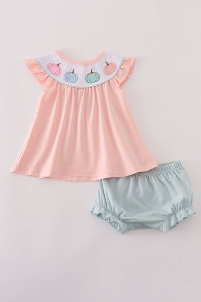 Pastel Pumpkin Flutter Sleeve Top & Bloomer Set – Baby Girl Fall Outfit
