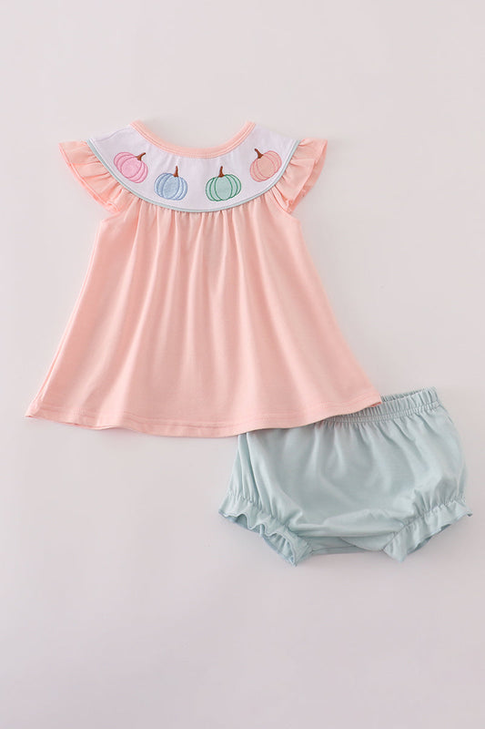 Pastel Pumpkin Flutter Sleeve Top & Bloomer Set – Baby Girl Fall Outfit