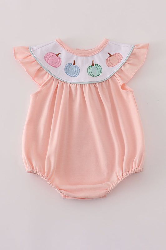 Pastel Pumpkin Flutter Sleeve Romper – Baby Girl Fall Bubble
