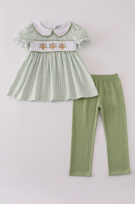 Girls Green Gingham Turkey Dress & Leggings Set

