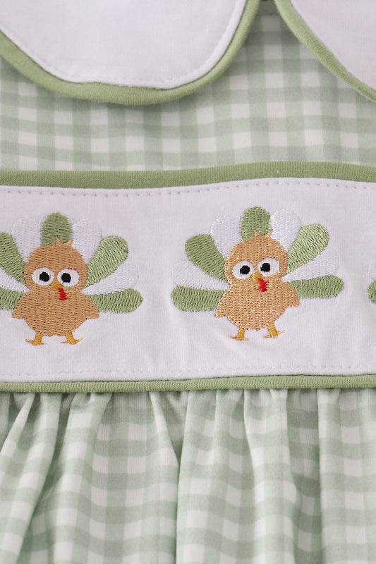 Girls Green Gingham Turkey Dress & Leggings Set