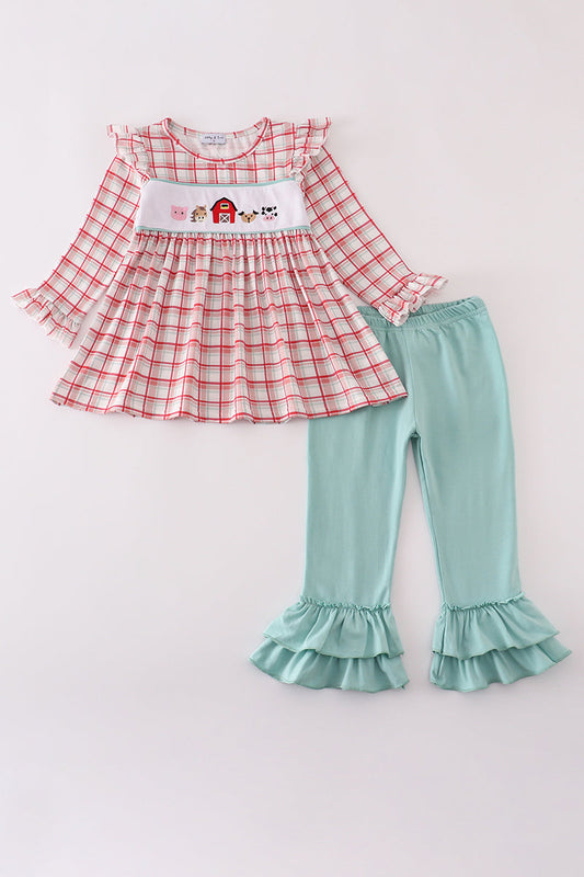 Farmyard Fun Smocked Set – Red Plaid Top & Aqua Ruffle Pants