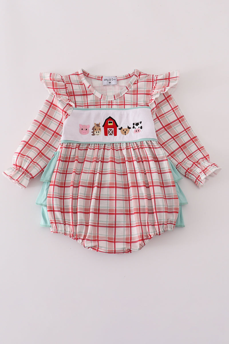 Farm Friends Smocked Plaid Bubble Romper