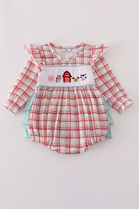 Farm Friends Smocked Plaid Bubble Romper