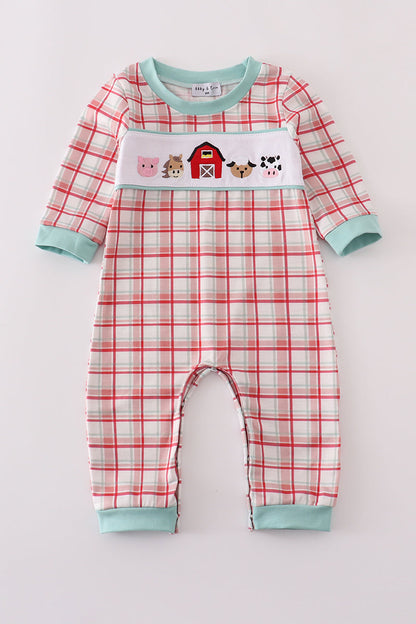 Farm Friends Smocked Plaid Romper