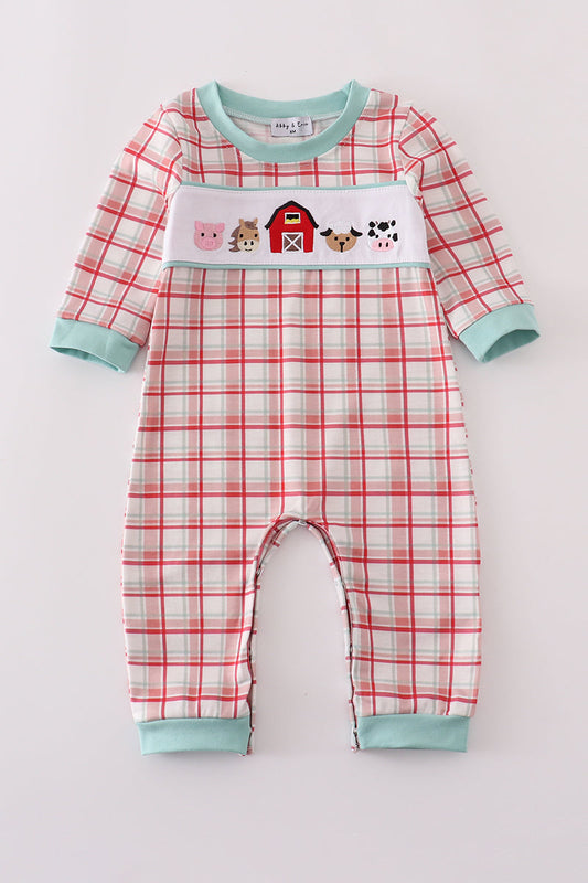 Farm Friends Smocked Plaid Romper