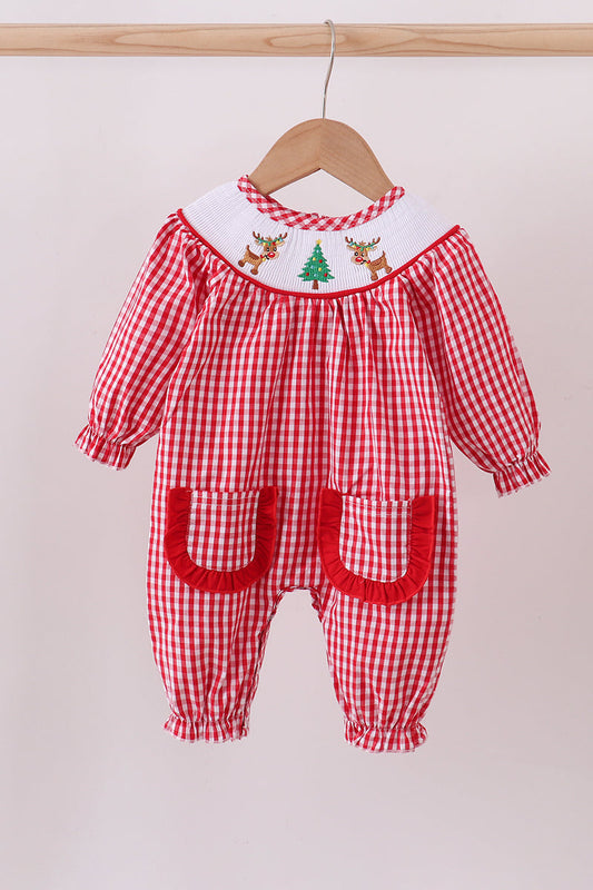 Baby Girls Red Gingham Smocked Christmas Romper – Reindeer & Tree