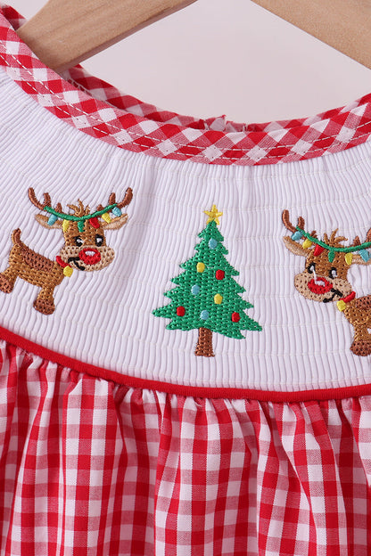 Baby Girls Red Gingham Smocked Christmas Romper – Reindeer & Tree