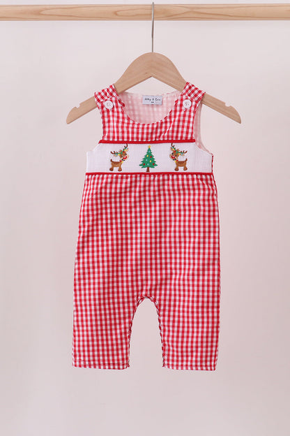 Boys Red Gingham Christmas Romper – Smocked Reindeer & Tree