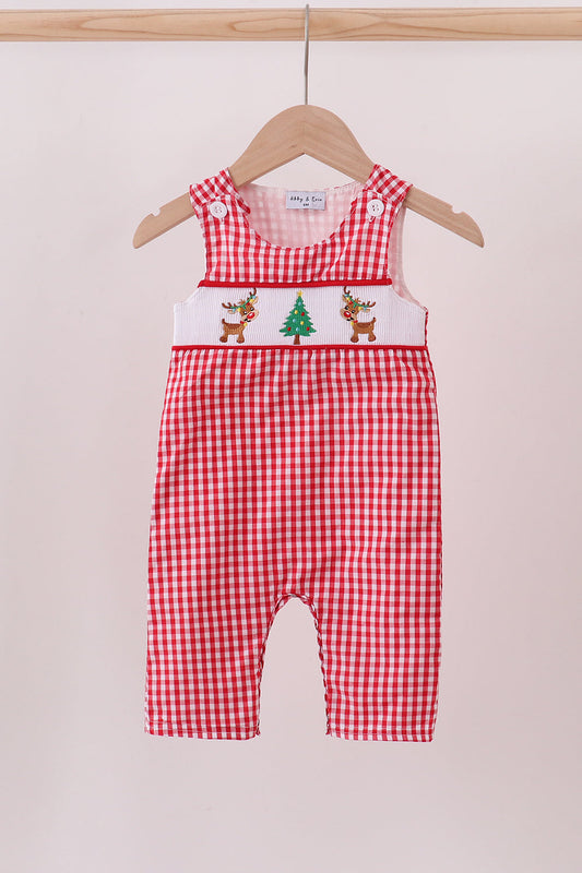 Boys Red Gingham Christmas Romper – Smocked Reindeer & Tree