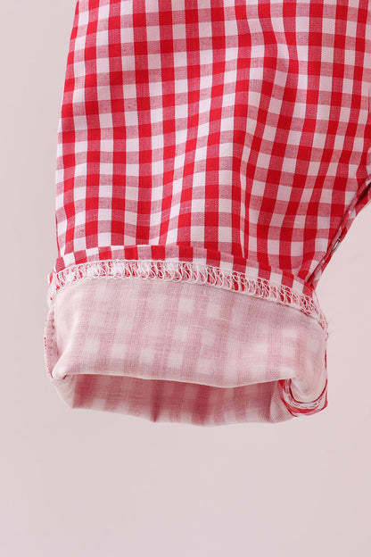 Boys Red Gingham Christmas Romper – Smocked Reindeer & Tree