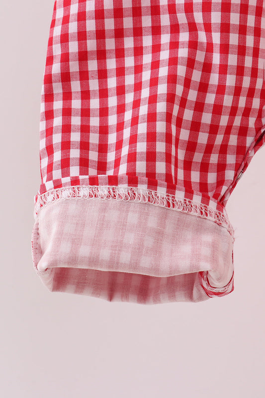 Boys Red Gingham Christmas Romper – Smocked Reindeer & Tree