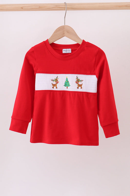 Red Holiday Top – Smocked Reindeer & Christmas Tree Long Sleeve