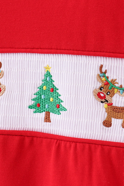 Red Holiday Top – Smocked Reindeer & Christmas Tree Long Sleeve