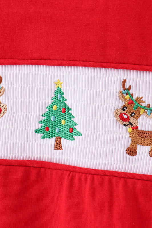 Red Holiday Top – Smocked Reindeer & Christmas Tree Long Sleeve