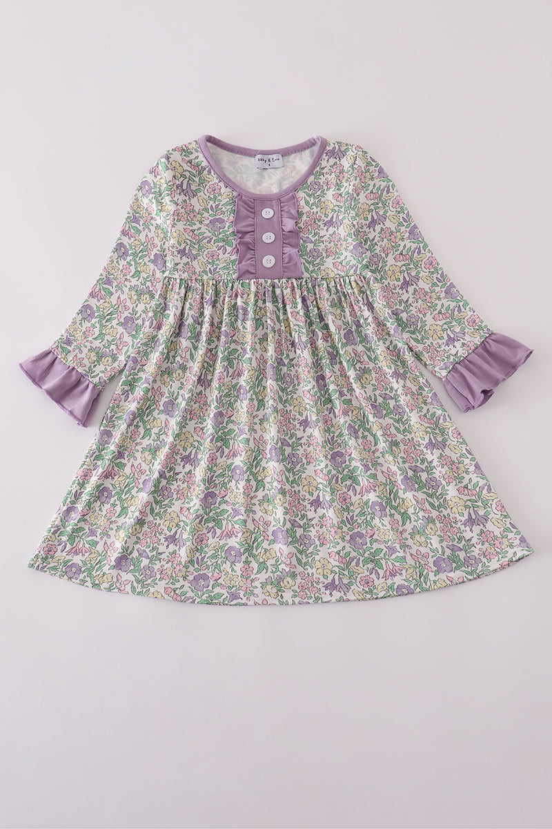 Lavender Floral Ruffle Cuff Dress – Toddler & Little Girls