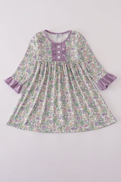 Lavender Floral Ruffle Cuff Dress – Toddler & Little Girls