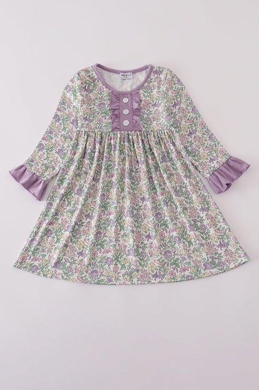 Lavender Floral Ruffle Cuff Dress – Toddler & Little Girls