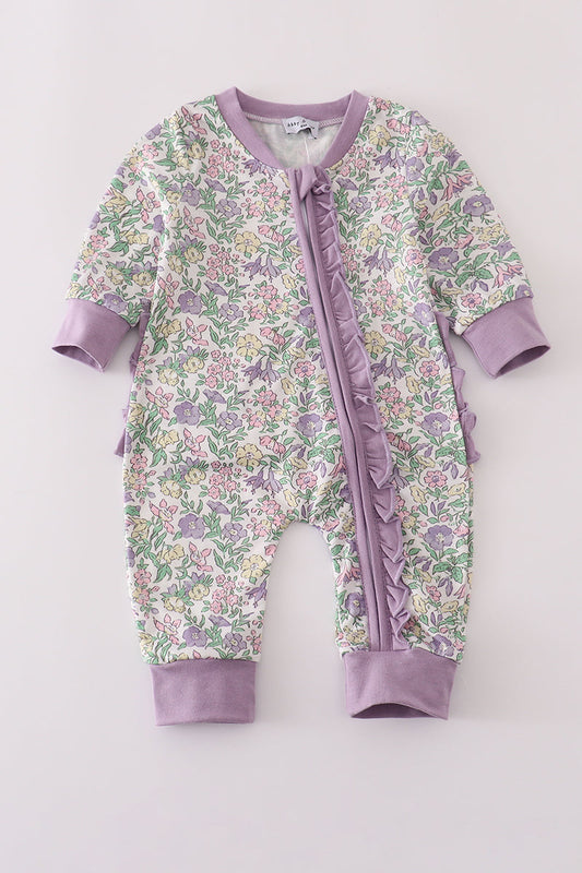 Lavender Floral Ruffle Zip Romper – Baby Girls