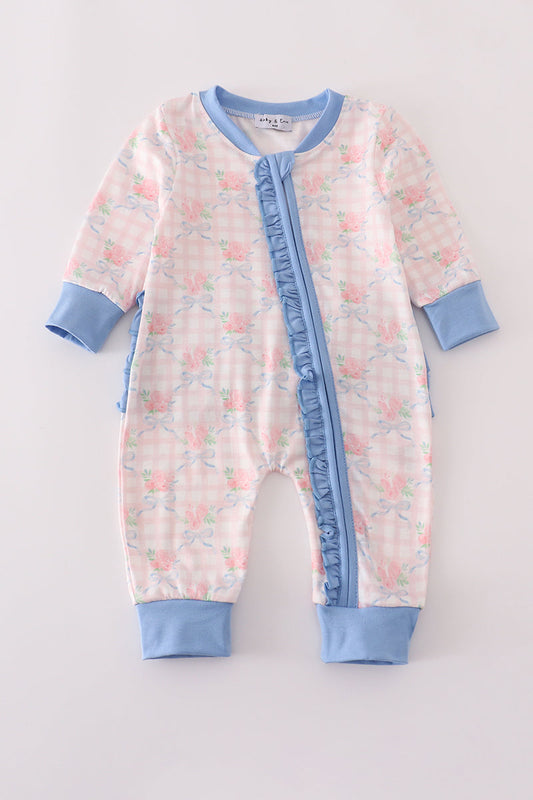 Blue Ruffle Floral Zip Romper