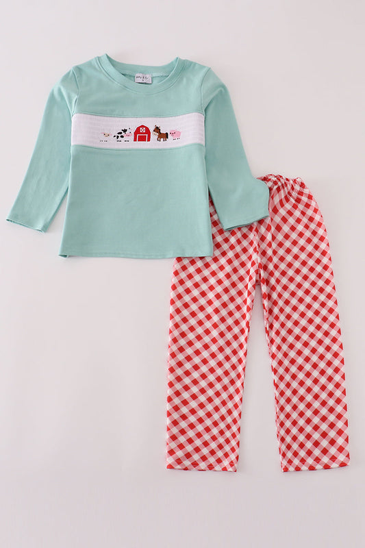 Farm Friends Smocked Top & Gingham Pants Set