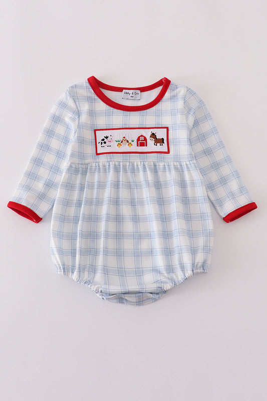 Blue Plaid Farm Embroidered Bubble Romper – Baby Boys & Girls