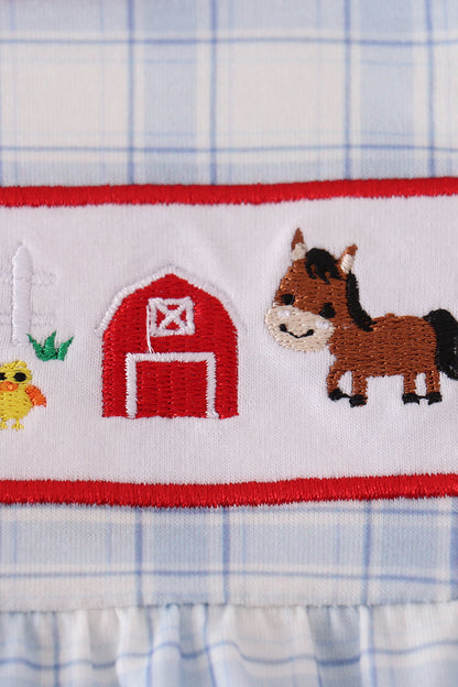 Blue Plaid Farm Embroidered Bubble Romper – Baby Boys & Girls