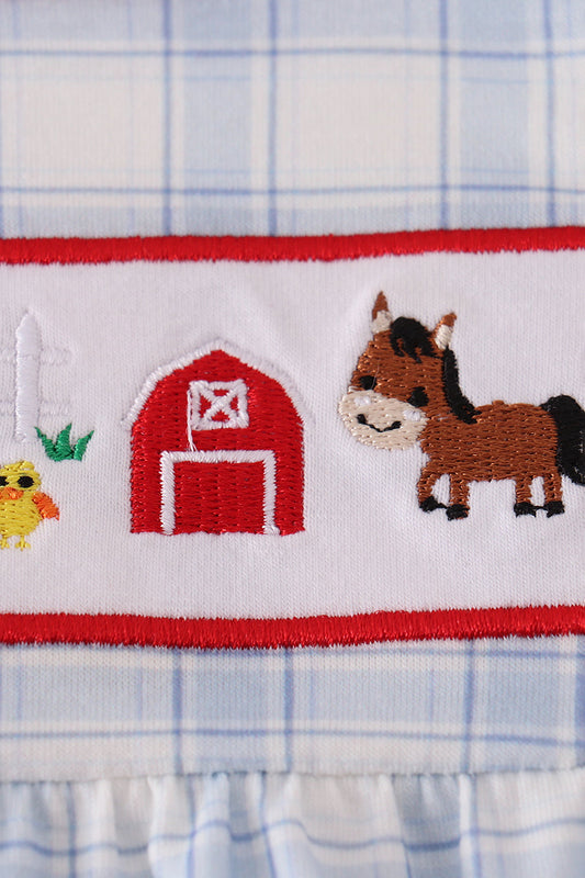 Blue Plaid Farm Embroidered Bubble Romper – Baby Boys & Girls