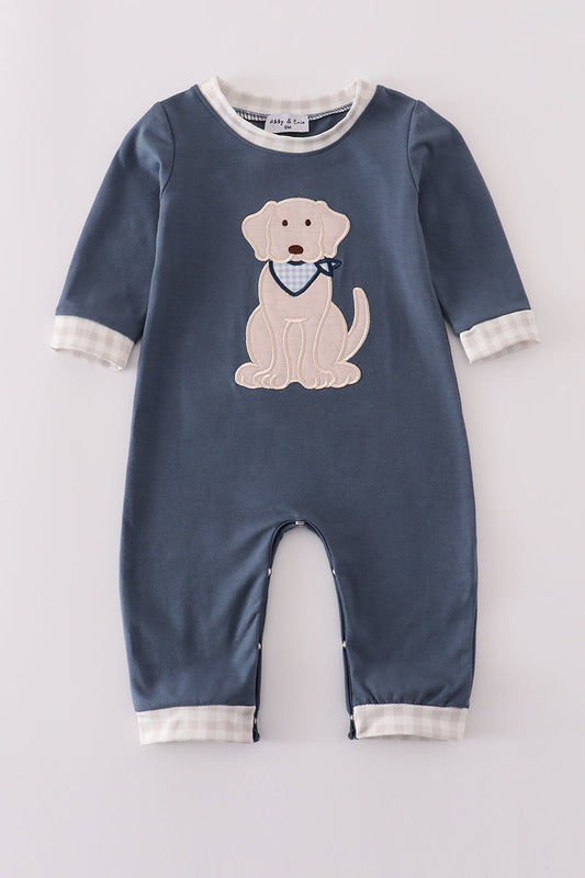 Baby Boy Dog Appliqué Romper – Blue Long Sleeve Jumpsuit