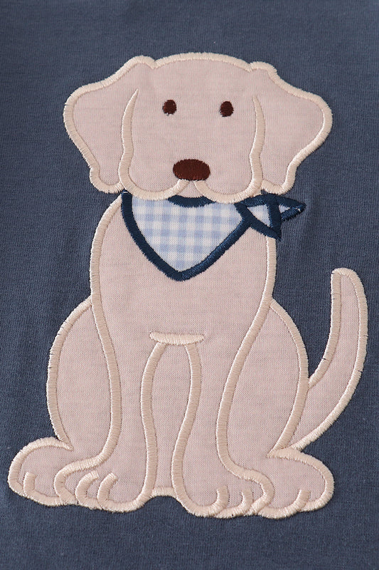 Baby Boy Dog Appliqué Romper – Blue Long Sleeve Jumpsuit