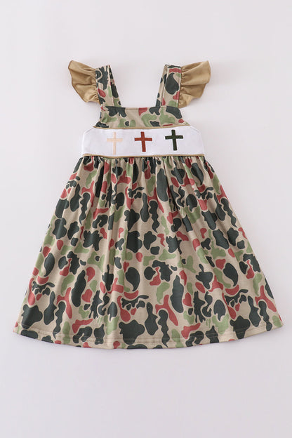 Girls’ Camouflage Cross Flutter Dress – Gold Sleeve