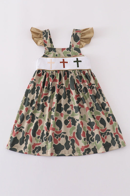 Girls’ Camouflage Cross Flutter Dress – Gold Sleeve