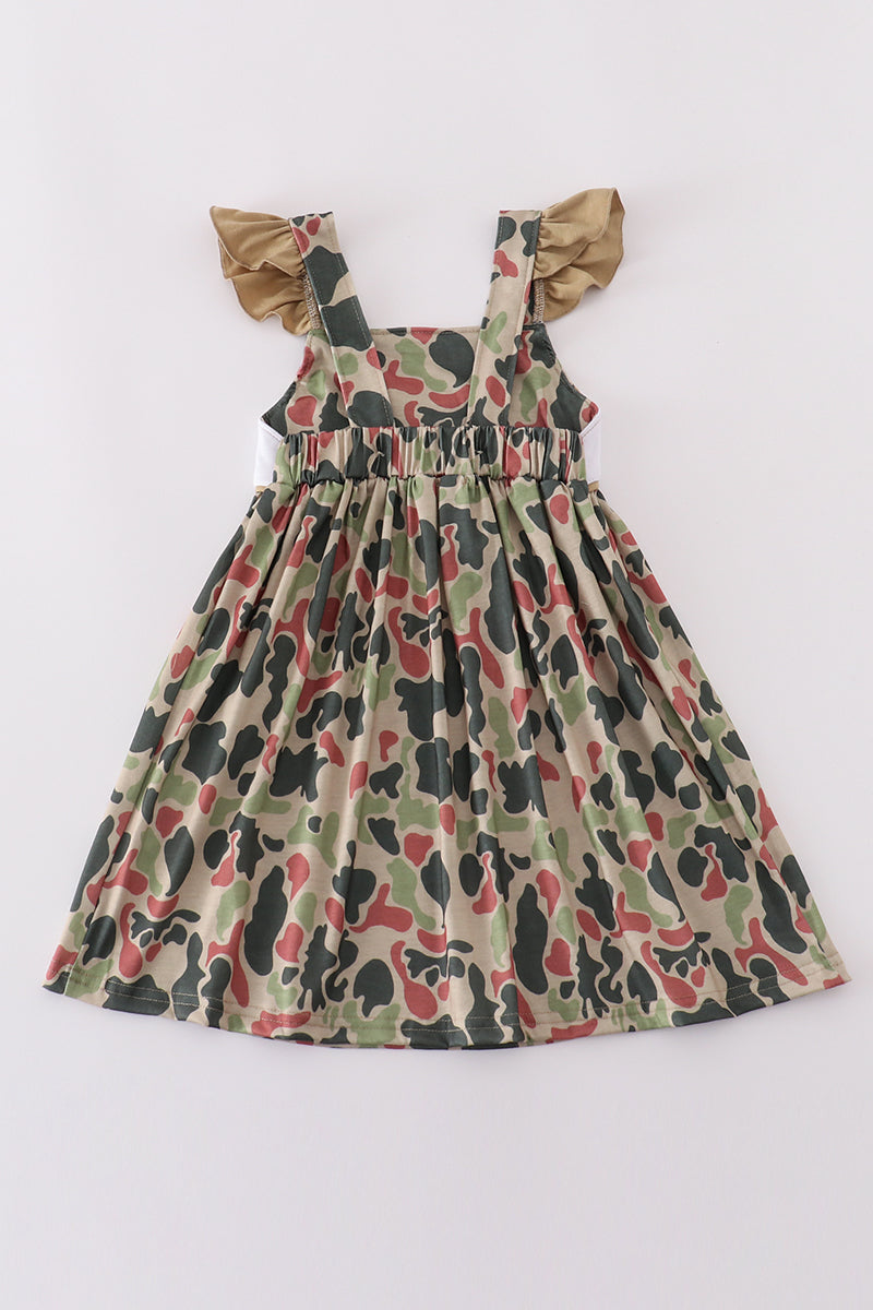 Girls’ Camouflage Cross Flutter Dress – Gold Sleeve