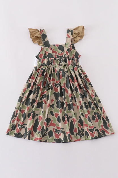 Girls’ Camouflage Cross Flutter Dress – Gold Sleeve