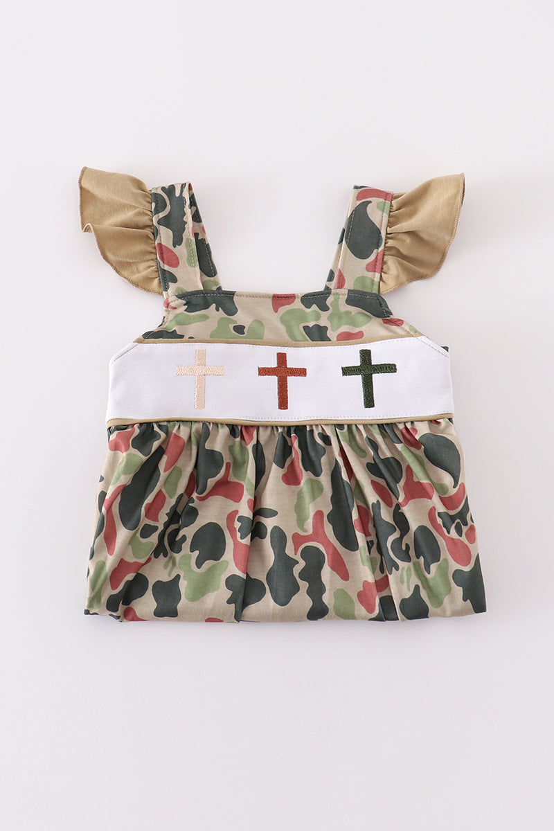 Girls’ Camouflage Cross Flutter Dress – Gold Sleeve