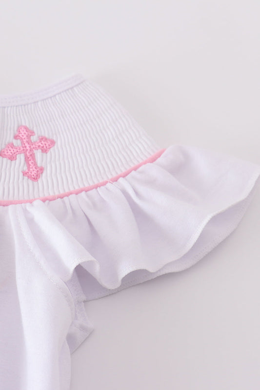 White Smocked Dress with Pink Crosses – Blessing Day Style