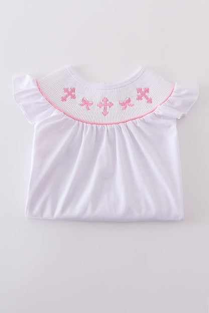 White Smocked Dress with Pink Crosses – Blessing Day Style
