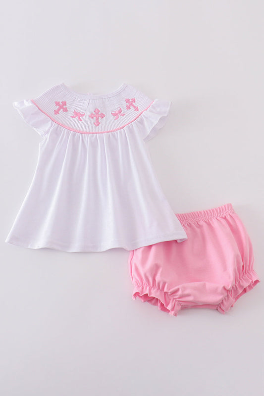 Pink Bow & Cross Smocked Set