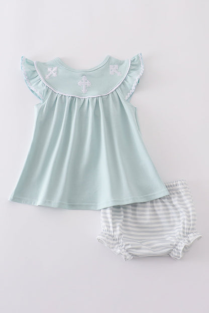 Mint Green Cross Flutter Sleeve Baby Girl Set – 2-Piece with Striped Bloomers