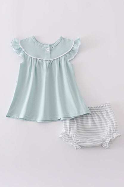 Mint Green Cross Flutter Sleeve Baby Girl Set – 2-Piece with Striped Bloomers