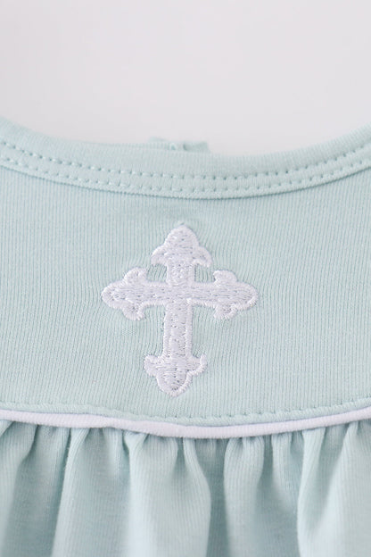 Mint Green Cross Flutter Sleeve Baby Girl Set – 2-Piece with Striped Bloomers