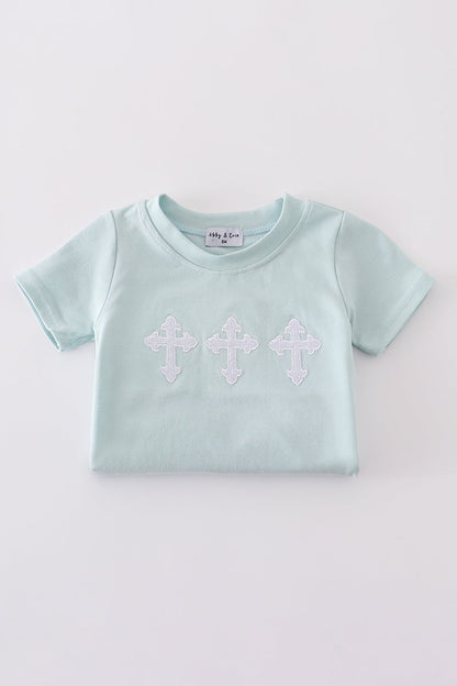 Mint Green Baby Boy Cross Romper – Short Sleeve Christian Bubble