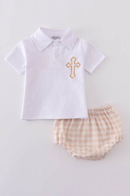 Baby Boys’ White Polo & Beige Gingham Bloomer Set with Gold Cross Embroidery