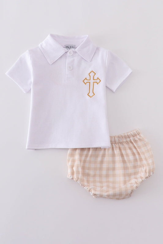 Baby Boys’ White Polo & Beige Gingham Bloomer Set with Gold Cross Embroidery