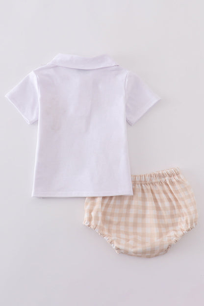 Baby Boys’ White Polo & Beige Gingham Bloomer Set with Gold Cross Embroidery