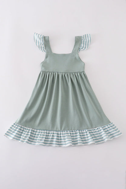 Sage Ruffle Strap Dress with Striped Trim