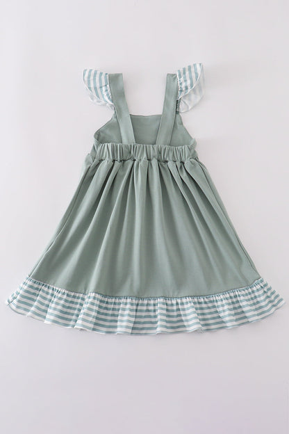 Sage Ruffle Strap Dress with Striped Trim