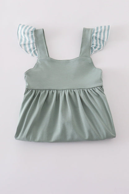 Sage Ruffle Strap Dress with Striped Trim